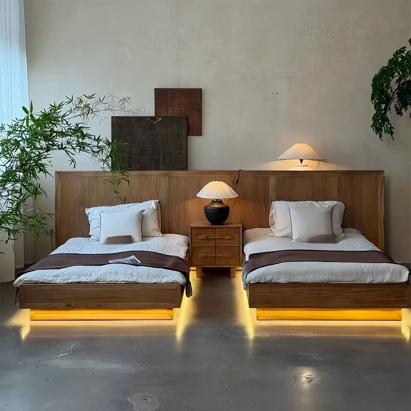 Wabi Sandy Wind Solid Wood Homestay Single Bed Hotel New Chinese-style Log Standard Room Solid Wood Single Bed