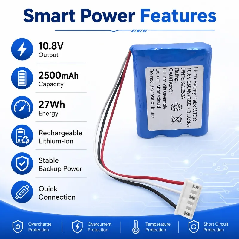 10.8V 2500mAh 27Wh Rechargeable Li-ion Battery Pack 6 Pin 3 Wire Backup Power for Elevator Intercom Emergency Battery Pack