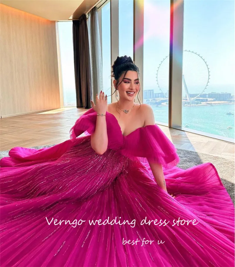 

Verngo Glitter Fuschia Dubai Arabic Long Evening Dresses Sexy Off the Shoulder Flare Sleeves Sparkly Formal Prom Gowns 2023