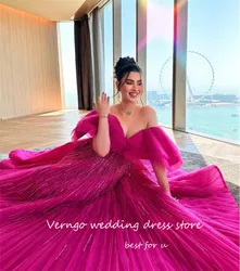 Verngo Glitter Fuschia Dubai Arabic Long Evening Dresses Sexy Off the Shoulder Flare Sleeves Sparkly Formal Prom Gowns 2023