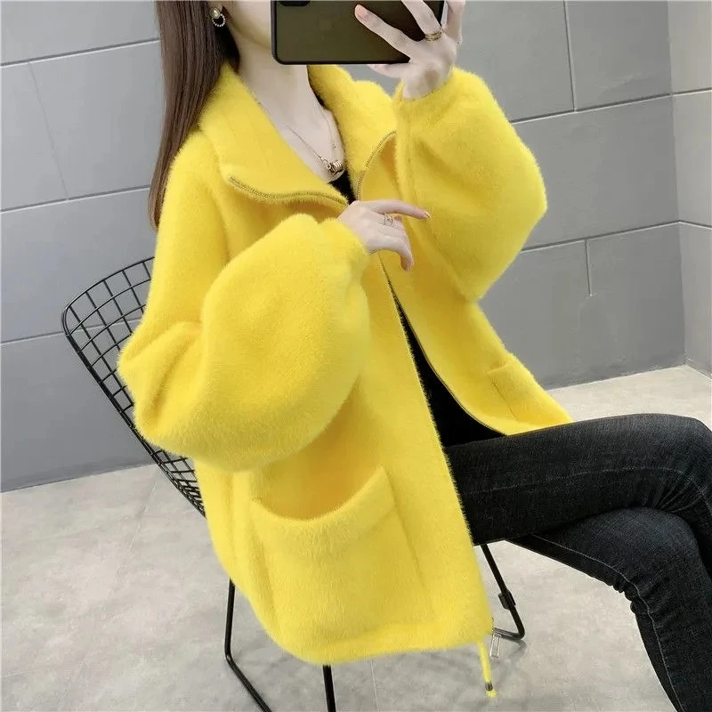 

Mink Velvet Cardigan Sweater Women Outer Wear Spring Autumn New Fashion Loose Solid Color Long Sleeve Warm Knitte Sweater Jacket