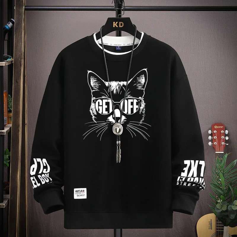 

Autumn Men's Sweatshirt Sketch Cat Print Long Sleeve T-shirt Fashion Men's Clothes Black O Neck Harajuku Exclusive Design Top