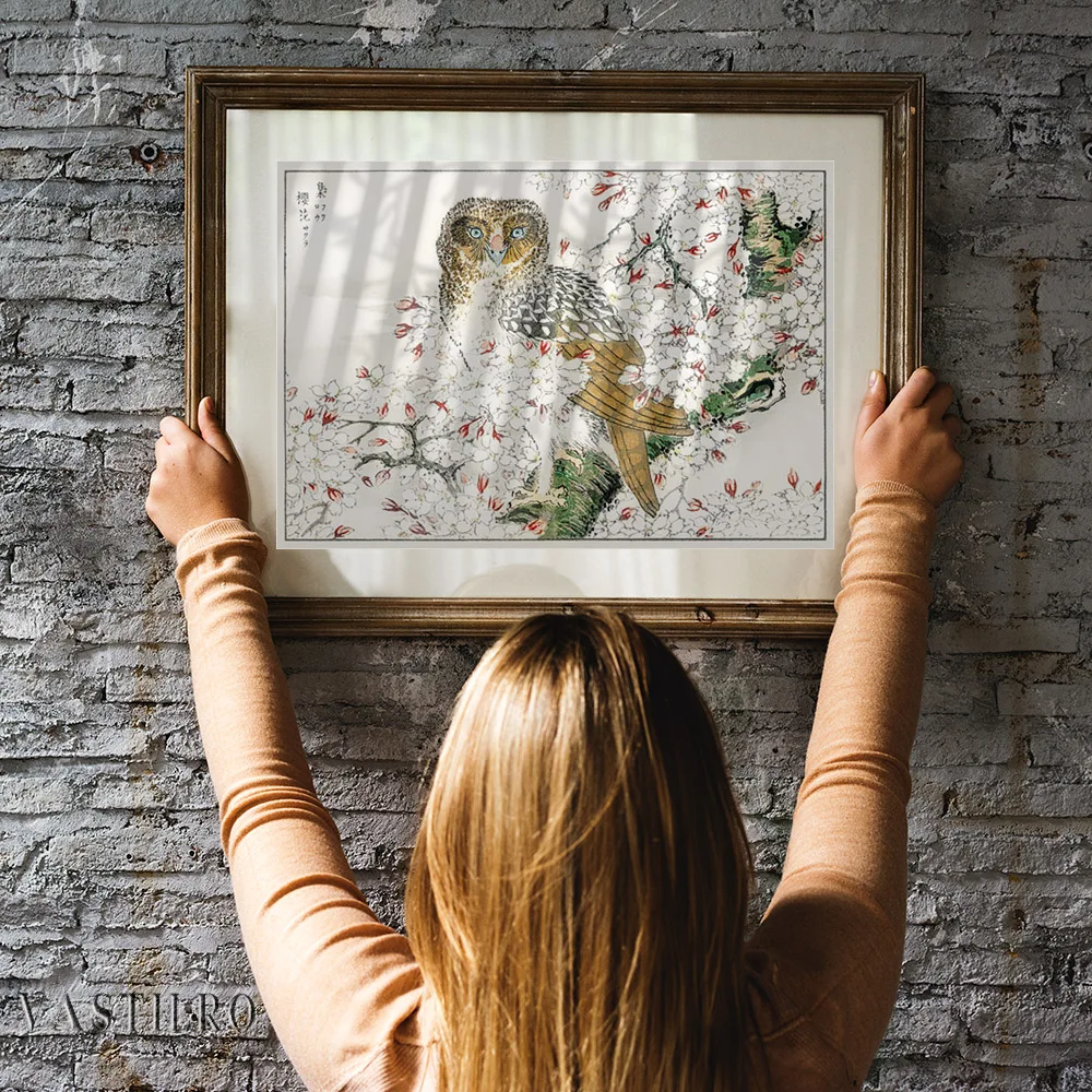 Bird Pictorial Monograph Poster Short-eared Owl And Cherry Flower Illustration Canvas Painting Living Room Decor Wall Stickers
