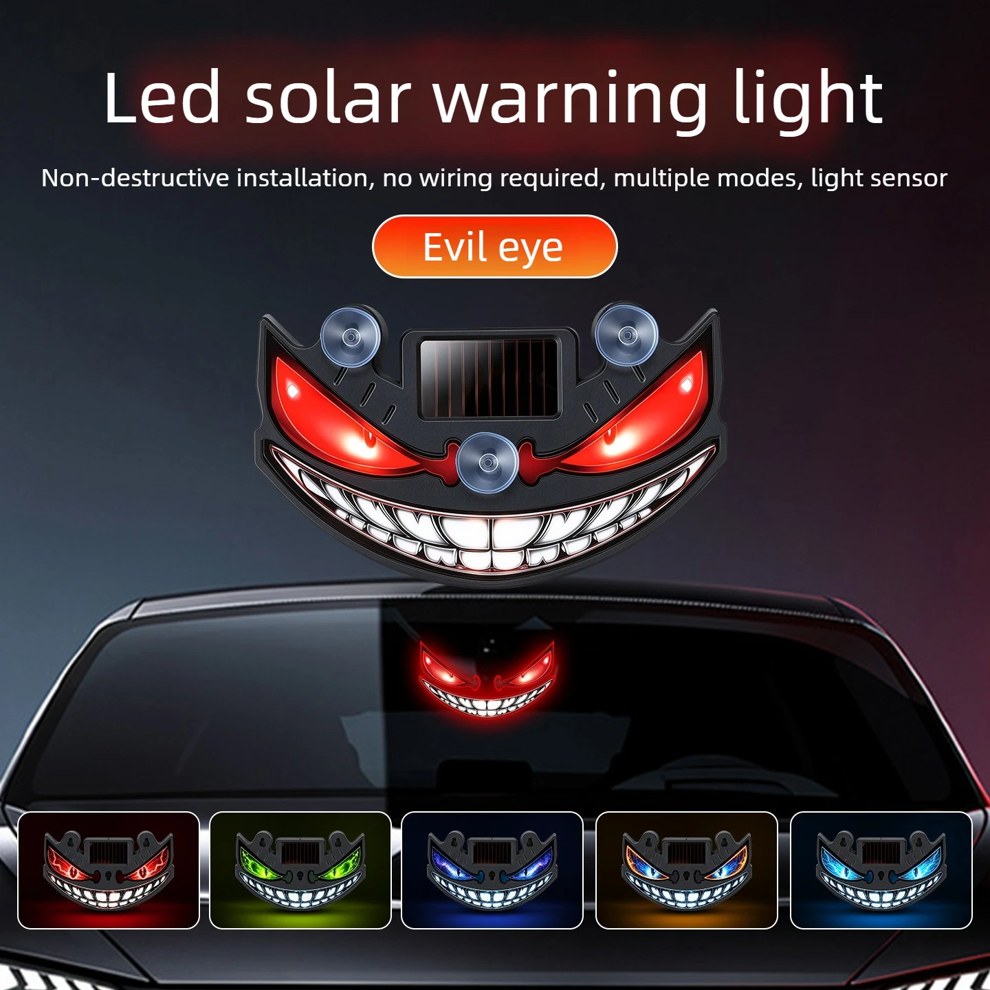 Solar Powered Car Evil Eye Warning Light Sensor LED Dynamic Atmosphere Lamp Auto Rear Window Decor Strobe Brake Safety Light