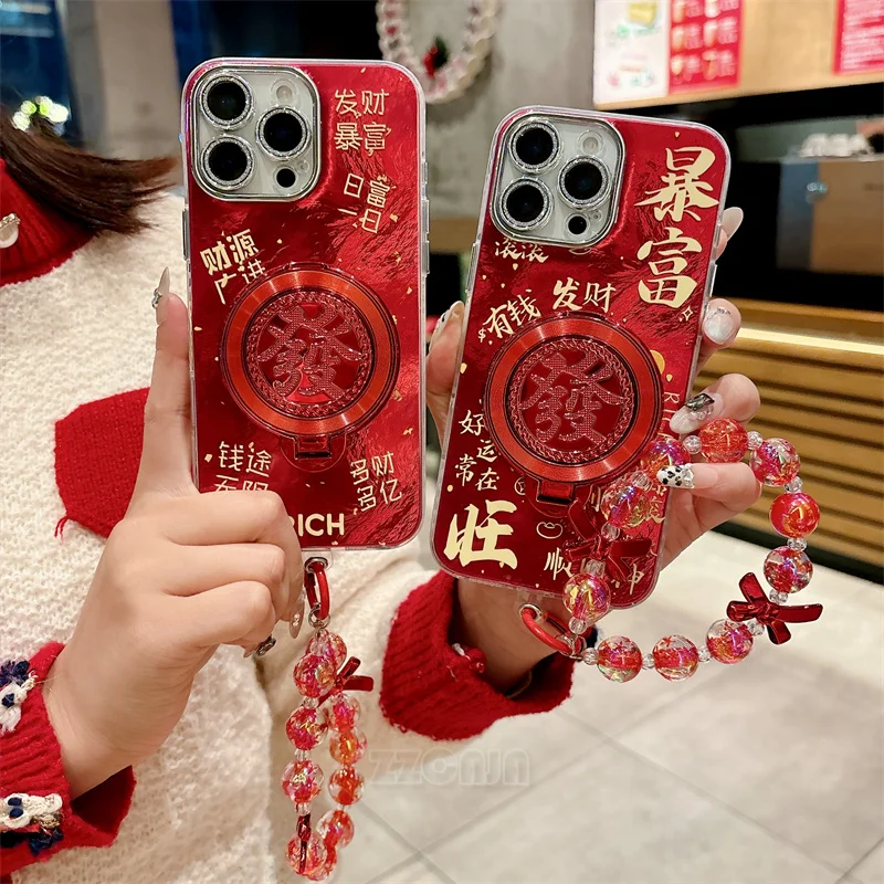 For iPhone 11 12 13 16 Pro Max 14 15 Plus Case Camera Lens Protector Film New Year Be Rich Stand Holder Chinese Red Cover+ Chain