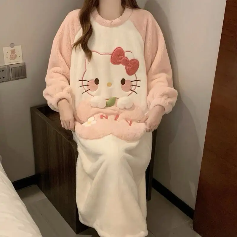 Winter Nightgown Hello Kitty Women's Autumn Winter Coral Velvet Thickened Warm Pajamas Flannel Cute Cartoon Home Clothes Ins
