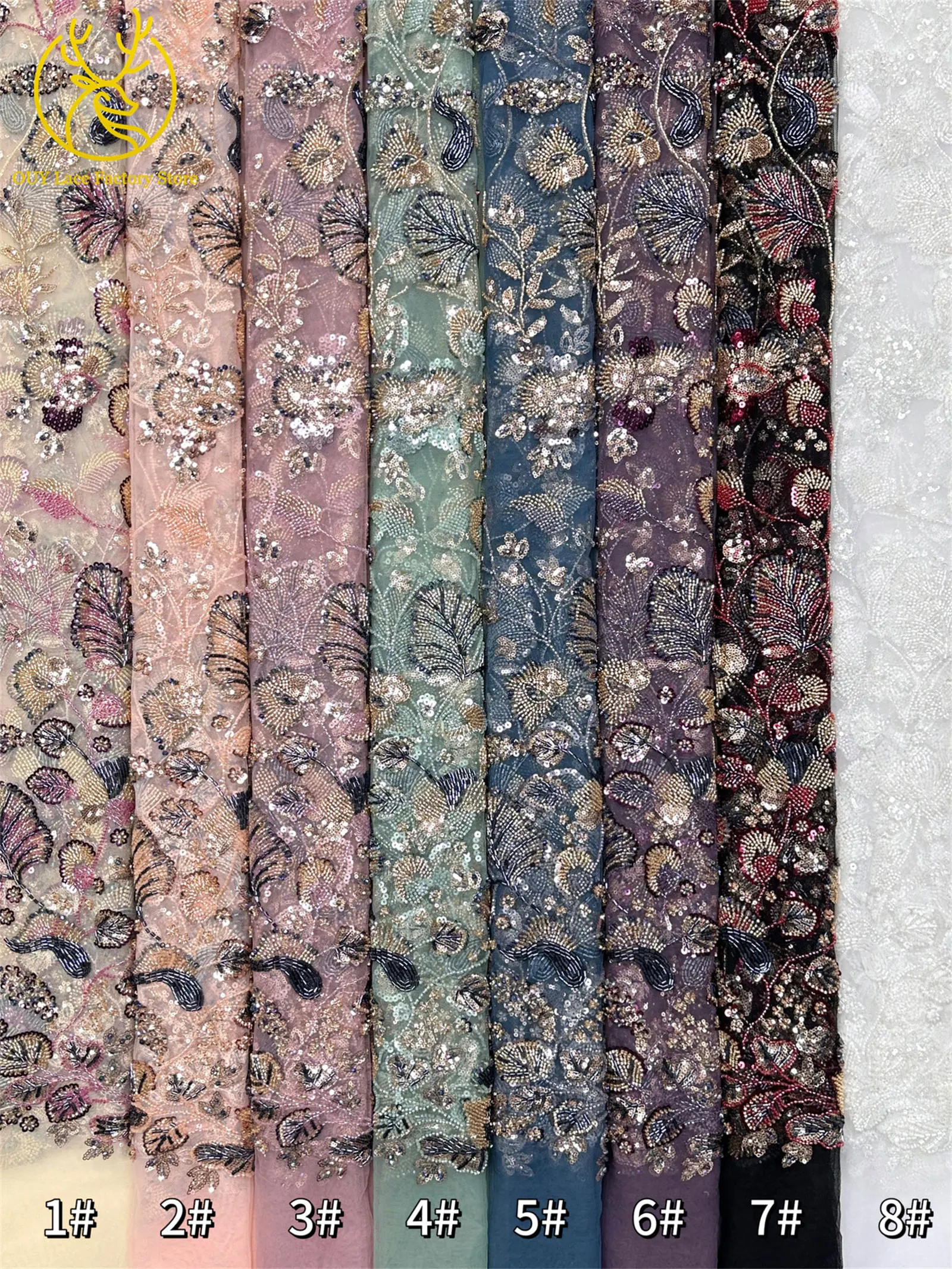 Exquisiter handgefertigter afrikanischer Spitzenstoff mit Perlen und Pailletten, 2026, modischer nigerianischer Tüll mit Blumenstickerei zum Nähen von Abendkleidern – Detail 3