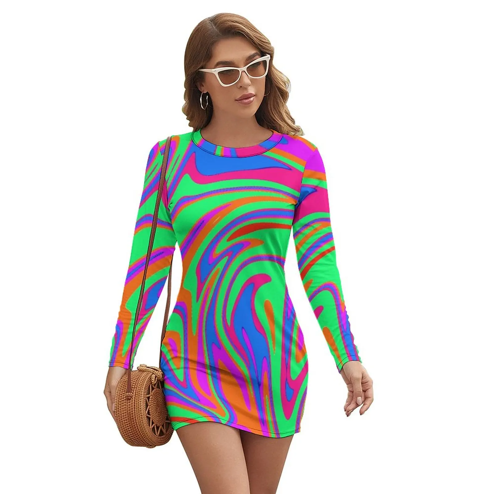 

neon pattern Long-sleeved Dress luxury dresses Clothing female elegant dresses plus sizes dress summer