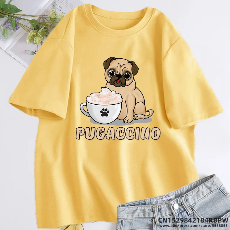 Pugaccino Cute Pug with Cappuccino T Shirt Women Summer Cotton Short Sleeve Tee Shirt Oversized Woman Clothing Woman\'s T Shirts