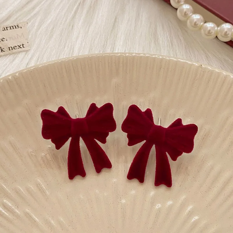 925 Silver Needle Korean Fashion Red Flocking Bow Earrings For Women Jewelry 2026 Trending New Women\'s Stud Earrings Accessories
