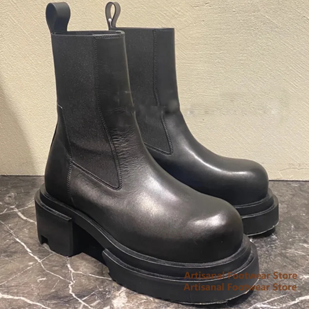 Cowhide Thick-Soled Men's Boots Round Toe Elastic Band High-Top Booties Stylish Trendy Handmade Designer Fashion Show Men Boots