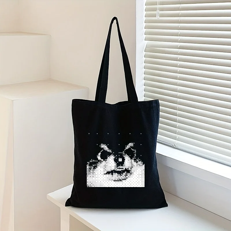 Black stylish minimalist cartoon puppy print tote bag a must-have for outings large capacity shopping bag essential for classes