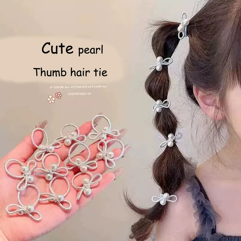 

100pcs Small Thumb Hair Tie for Baby Girls Hair Accessories Korean-style Silver Pearl Bow Rubber Elastic Ponytail Hairband Baby