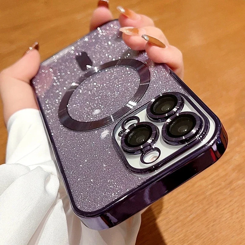 Luxury Glitter Electroplate Magsafe Wireless Charge Phone Case For iPhone 16 14 13 12 11 Pro Max 15 Plus Soft Bumper Shiny Cover