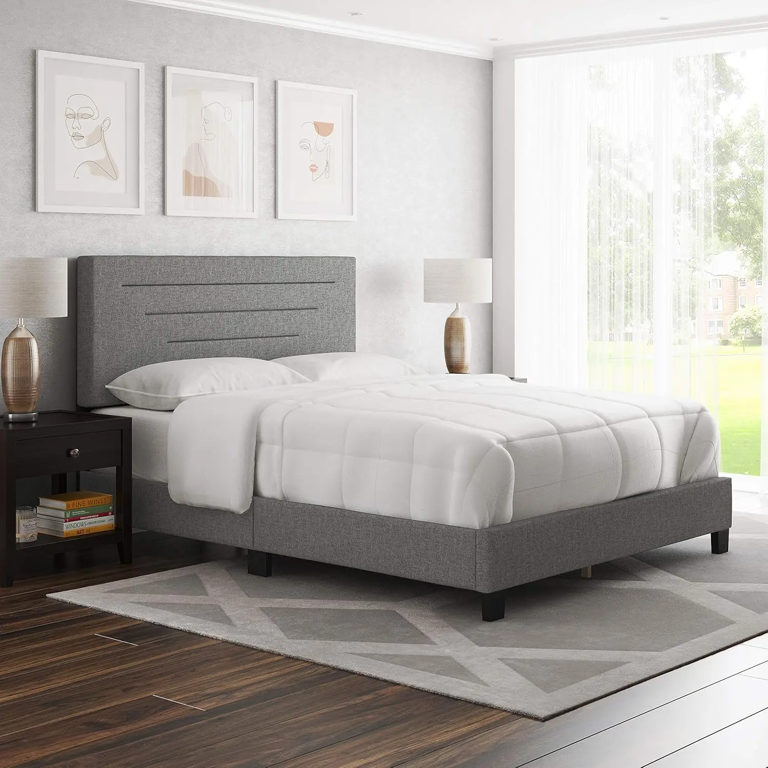 Cordoba Upholstered Platform Bed with Headboard and Durable Mattress Foundation with Strong Wood Slat Supports,