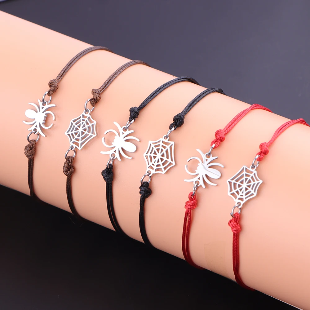 

5pcs/lot Stainless Steel Spider And Spider Web Charm Bracelet Wax Thread Braided Adjustable Slider Bracelet For Jewelry Gift