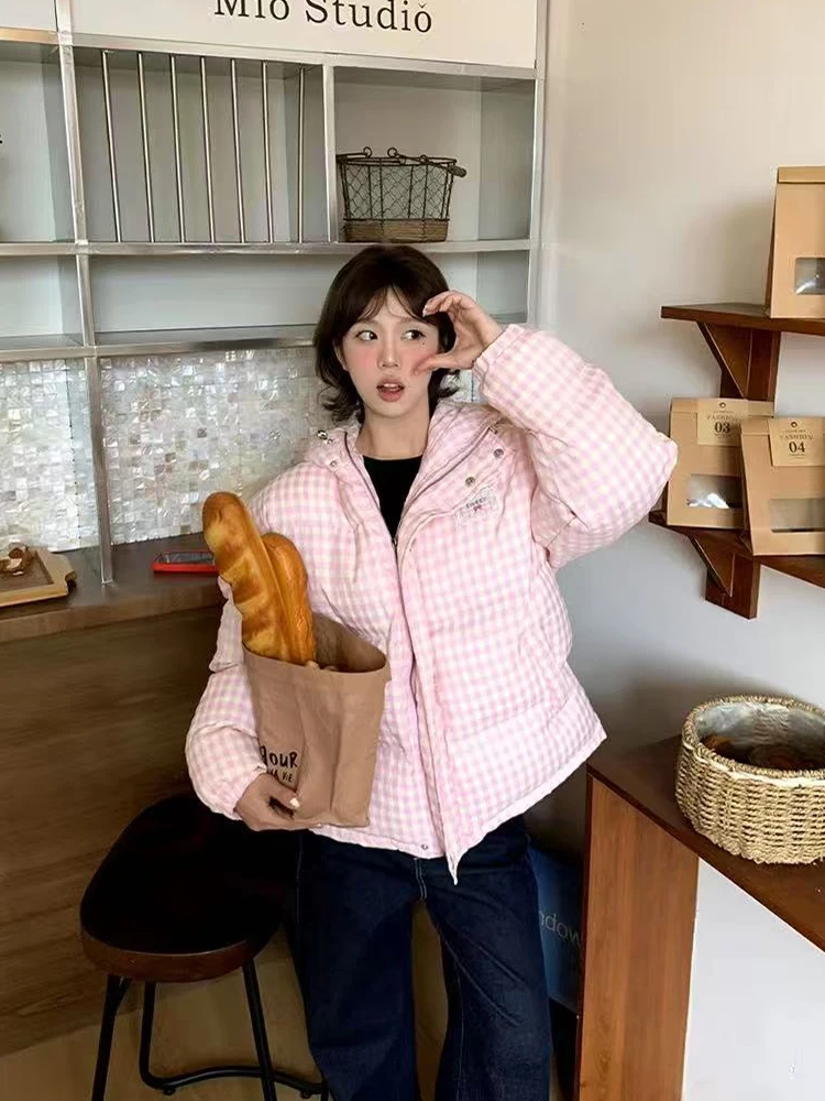 여성을위한 한국어 세련된 격자 무늬 후드 코트 겨울 두꺼운 따뜻한 느슨한 캐주얼 패딩 다운 재킷 Y2K 여성 올 매치 지퍼 겉옷