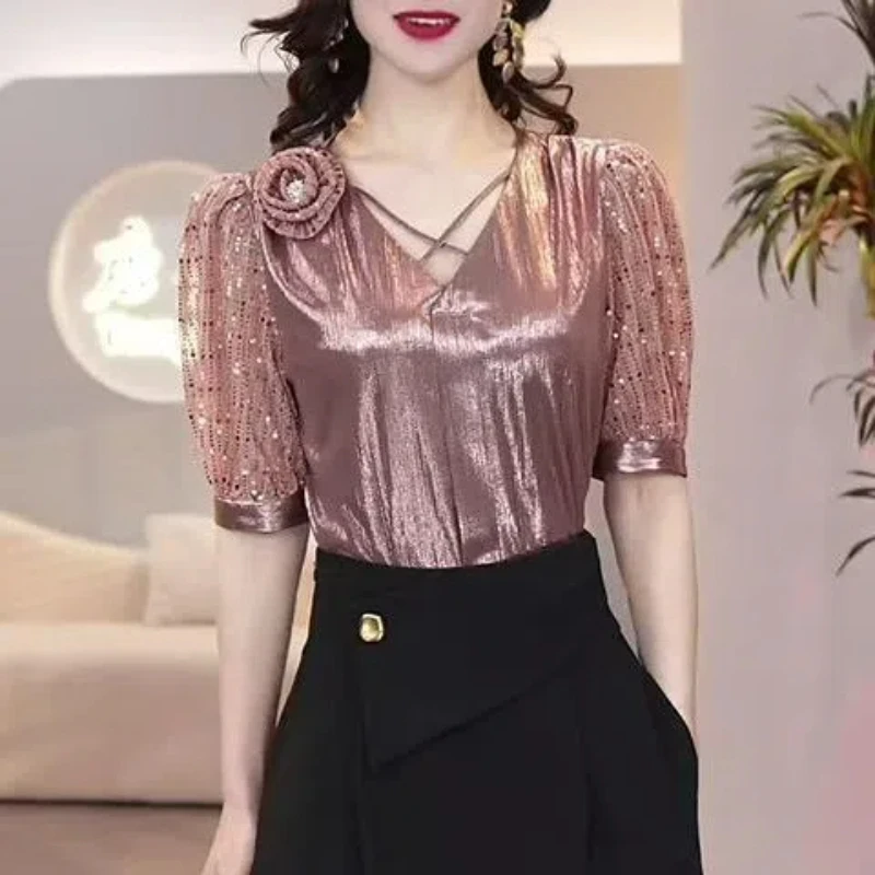 Fashion Chic 2024 Summer New V-neck Solid Color Shirts Women's Slim Patchwork Sequined Tie Flowers Short Sleeve Pullover Blouses