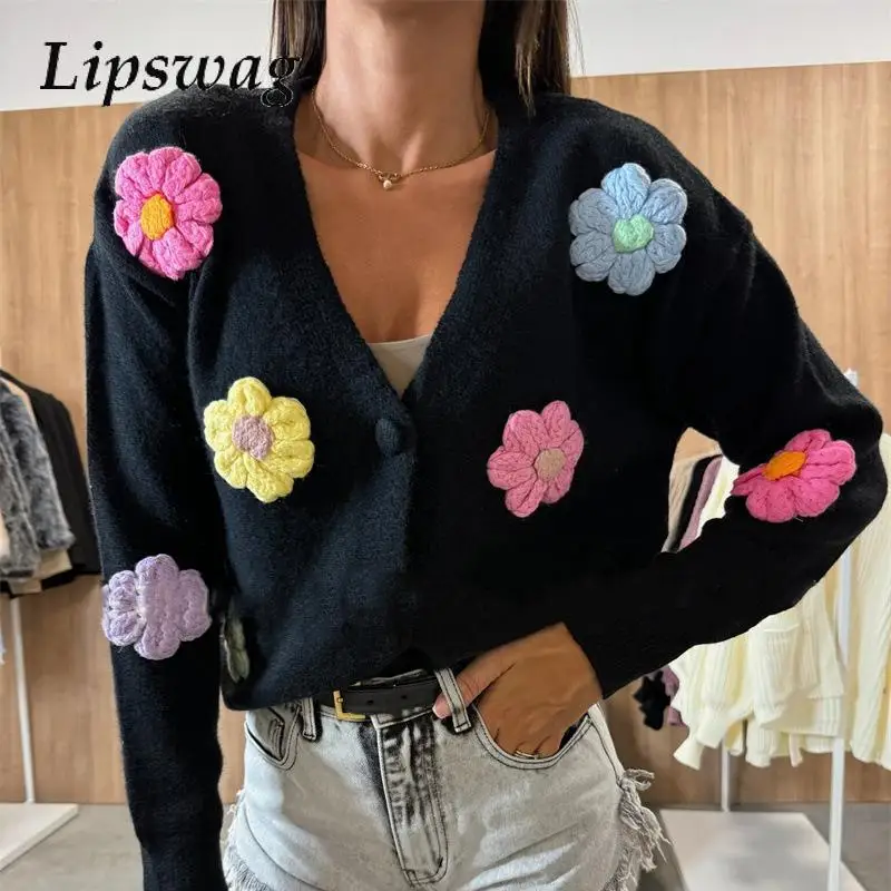 

2024 Casual Long Sleeve Loose Knit Cardigan Autumn Winter Colorful Floral Sweater Women Sexy V Neck Open Button Jumpers Top