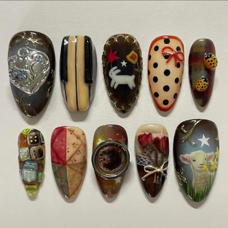 24PCS Sweet Cool Almond Wearable Fake Nails Glitter Green Cute Cartoon Rabbit Black Cat Butterfly French False Nails for Women