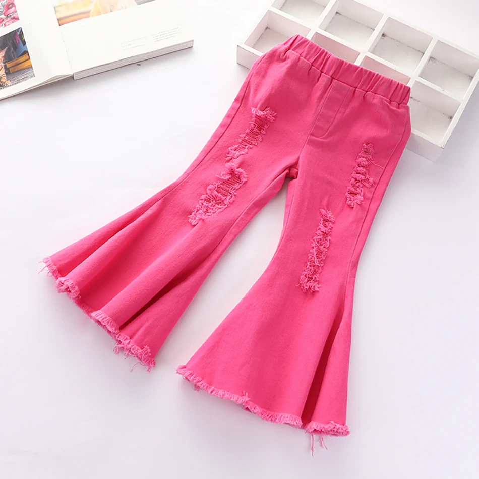 Adorable and Durable Girls Denim Flared Pants Distressed Holes Style Stretchy and Comfortable for Everyday Wear Kids Pants