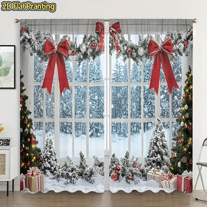 2D flat 2-piece set Christmas decoration winter semi-transparent curtains, pole bag design red bow cedar curtains Winter holiday