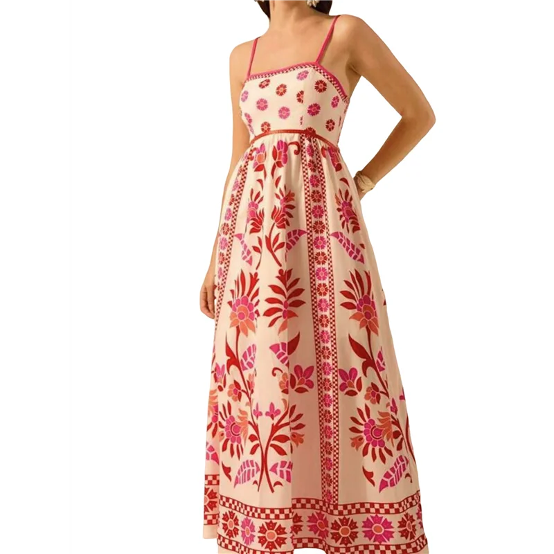 ABP-Vestito lungo floreale estivo da donna 2025, senza maniche, con cinturino per spaghetti, abito lungo da spiaggia Boho smock stampato