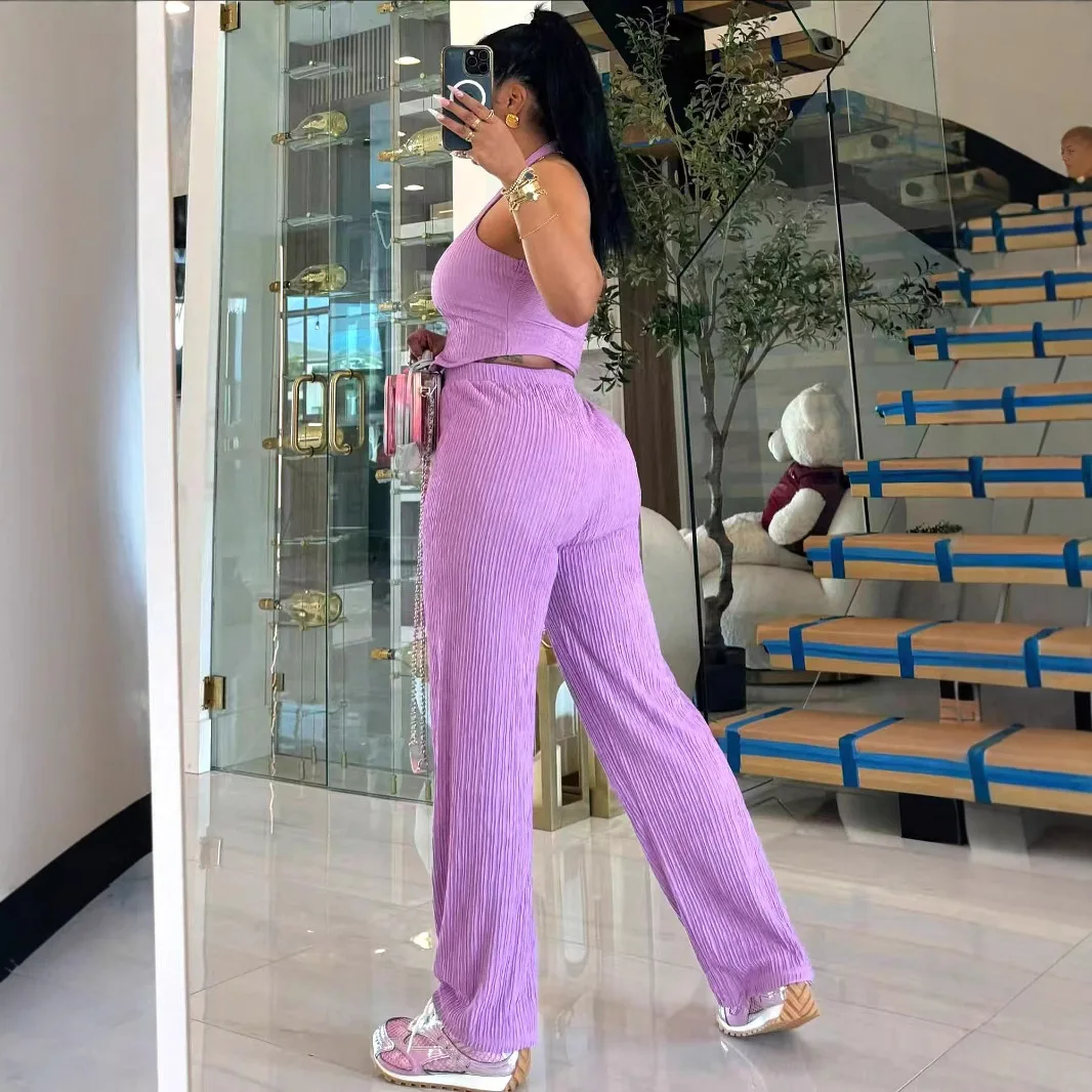 2025 ฤดูใบไม้ผลิ/ฤดูร้อนใหม่ผู้หญิงแฟชั่นSlimmingเสื้อกั๊กเอวสูงกางเกงขากว้างสไตล์ชุด 2 ชิ้น