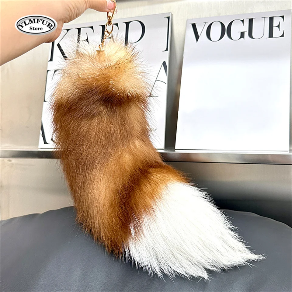 natural fox tail keychain furry 2024 chic y2k fox fur   keyring Car accessory length 40 cm furry fur tail keychains For Women