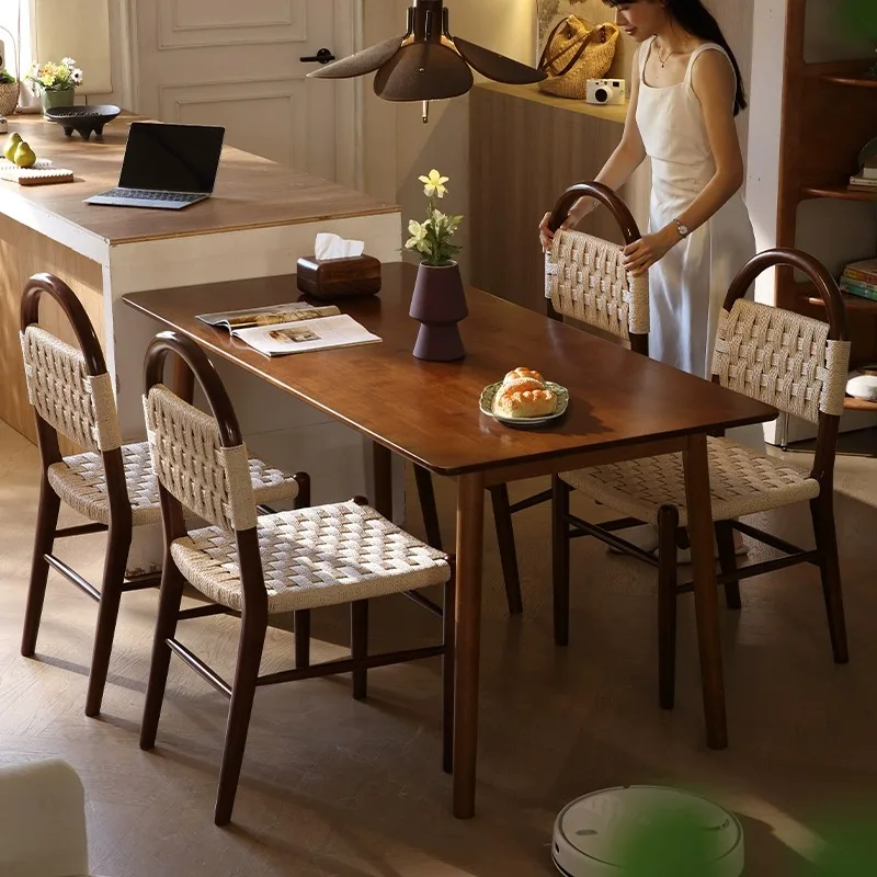 

Medieval black walnut color, solid wood dining table and chairs, high-end French style, retro furniture, small apartment