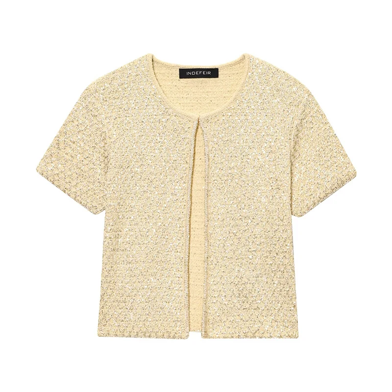 Cardigans courts tricotés à paillettes pour femmes, Chic et élégant, nouvelle mode, pull à manches courtes, haut en tricot décontracté, 2025