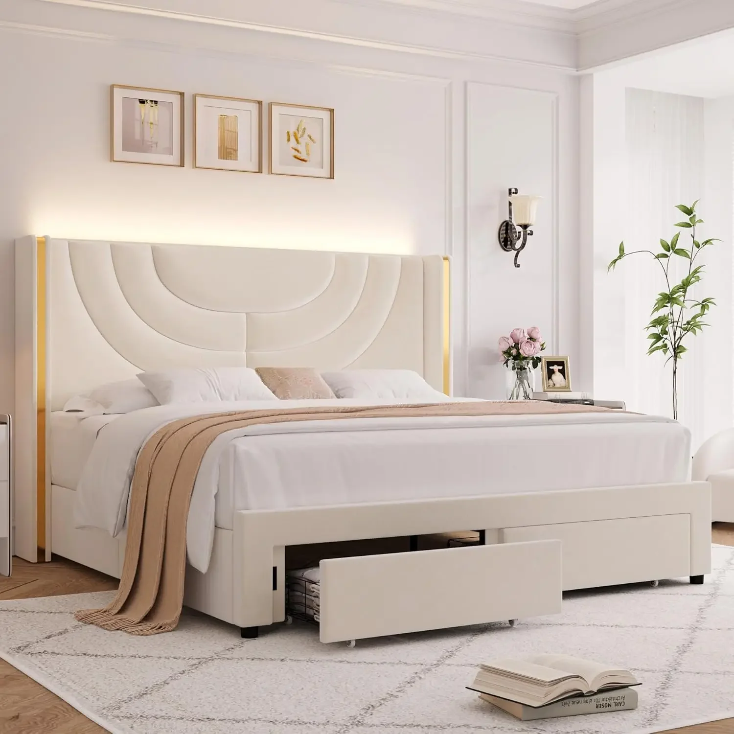 Full Upholstered LED Bed Frame with 2 Storage Drawers, Velvet Platform Bed with Wingback Headboard, Solid Wooden Slats