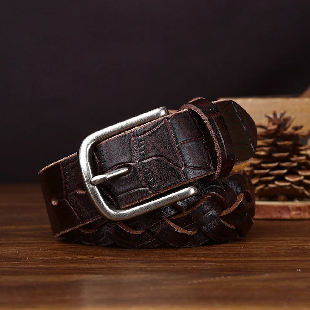 3.3CM new hand woven crocodile embossed belt with cowhide weaving, fashionable and casual versatile waist belt for men