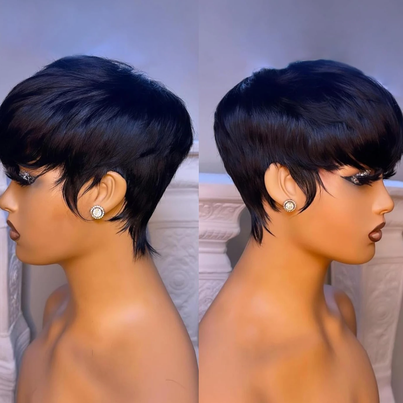 픽시 컷 스트레이트 인모 가발 여성용 전체 기계 제작 인모 가발 150% 밀도 6인치