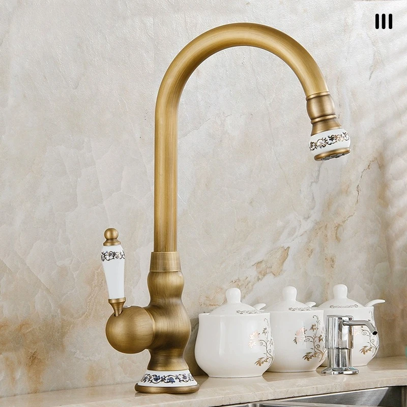 Retro copper body kitchen faucet, home balcony vegetable washing basin sink, antique style, hot and cold adjustable faucet