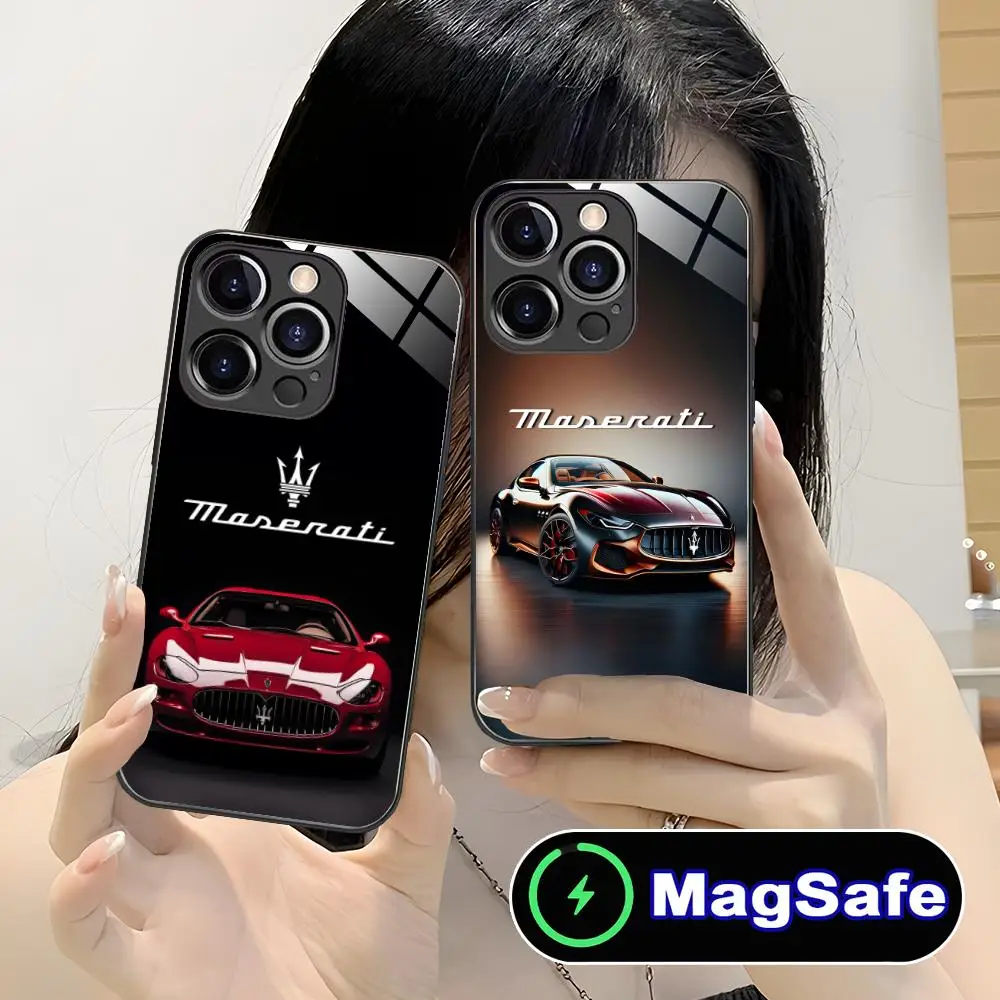 

E-Maseratis-S Phone Case for iPhone 16 15 14 13 12 11 Pro Max Plus Mini MagSafe Wireless Charging Glass Luxury Cellphones