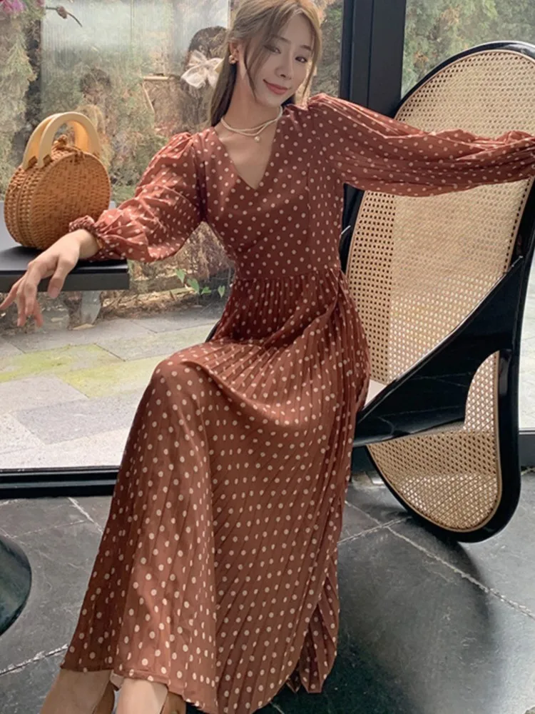 Damskie Sukienki Vintage w Kropki, Eleganckie Sukienki z Dekoltem w Serek, Wąskie Sukienki z Bufiastymi Rękawami, Sukienki na Wakacje, Bal, Wieczór, Nowe Stroje Damskie