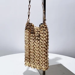 Metallic Ladies Evening Bag For Women Luxury Designer Handbag Purse 2024 New In Sequined Woven Hollow Mini Shoulder Mobile Phone