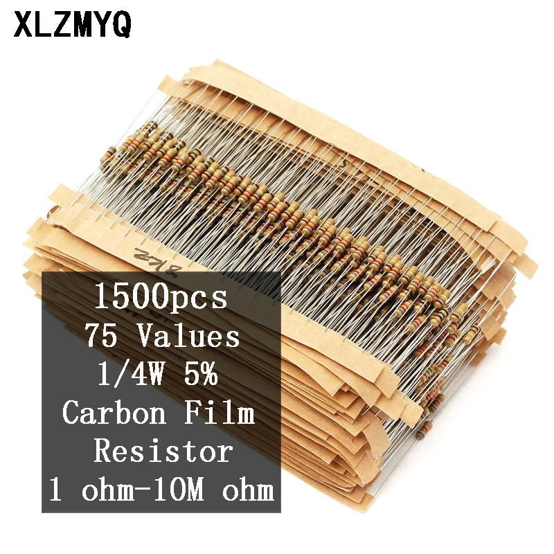 

1500Pcs 1/4W 5% Carbon Film Resistor Assorted Diy Kit 75 Values 1 ohm~10M ohm Resistance 5% DIY Electronic Resistors Set