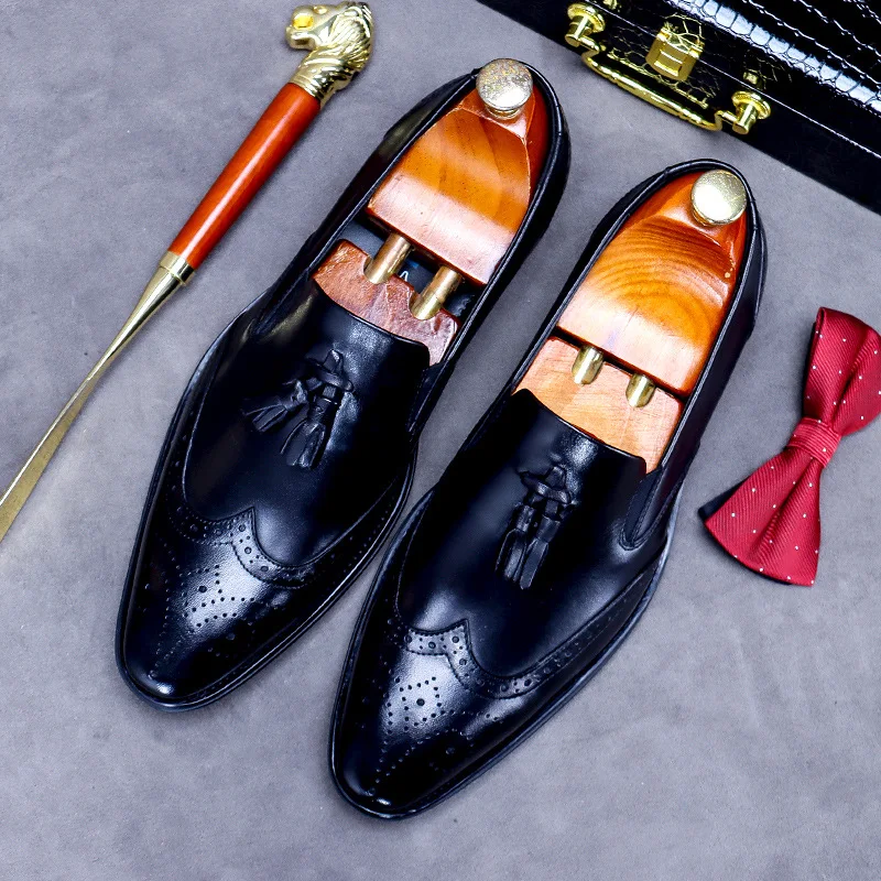 Mens Formal Shoes Genuine Leather Tassel Loafers Men Black 2024 Dress Shoes Wedding Shoes Slip On Leather Brogues