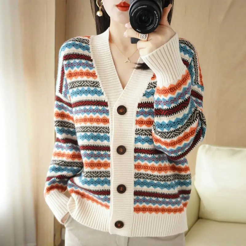 V-neck Striped Knitting Cardigan Coat Women Autumn Winter Fashion Patchwork Long Sleeve Sweater All-match Office Lady Knitwear