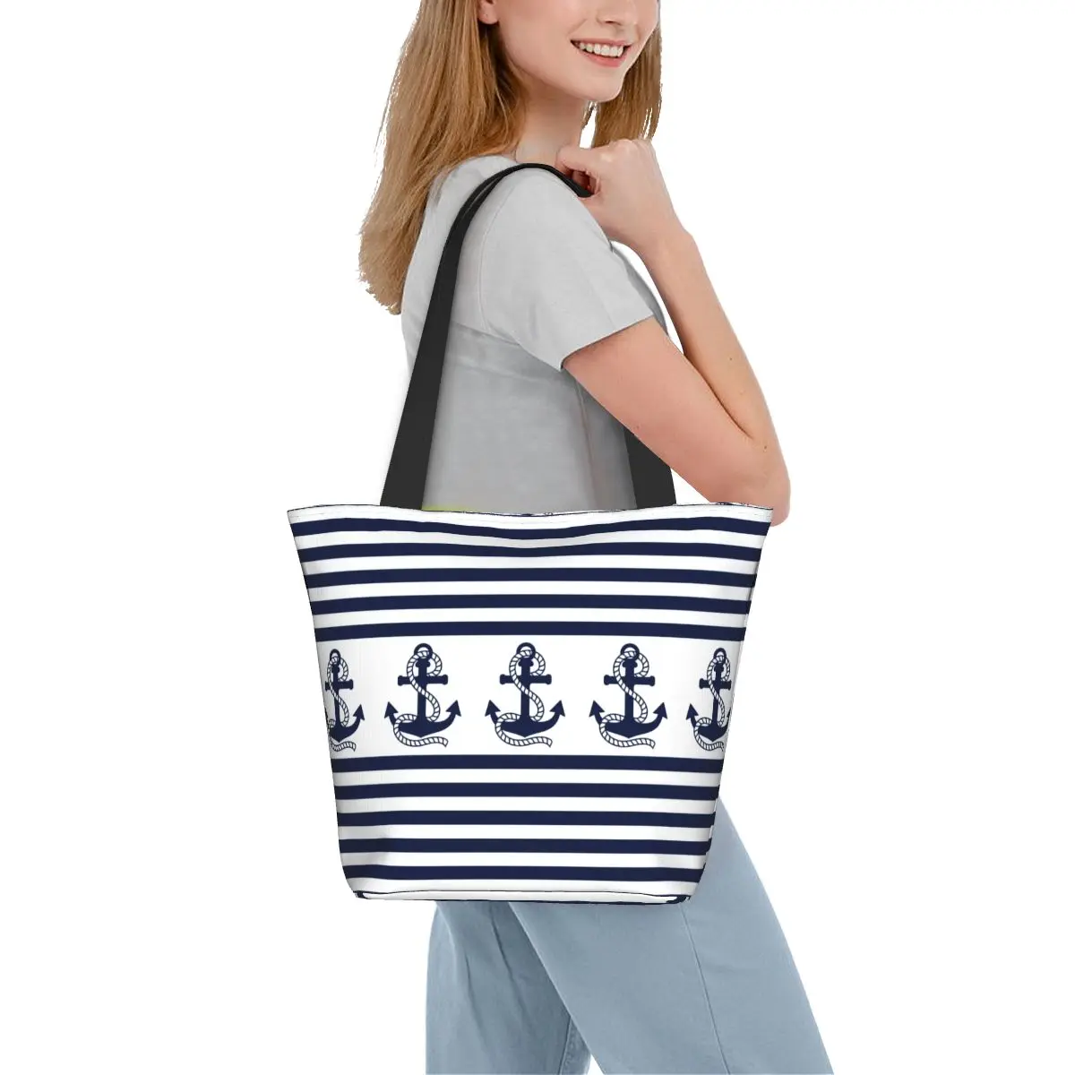 Custom Nautical Stripe Navy Blue Anchor Groceries Shopping Bags Canvas Shopper Shoulder Tote Bags Large Capacity Durable Handbag