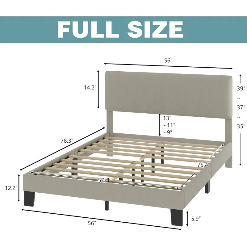 Queen Bed Frame with Headboard,Linen Upholstered Bed Frame with Wood Slats Support,No Box Spring Needed,Heavy Duty Feet