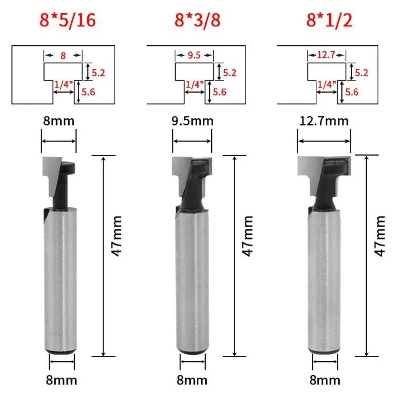 8mm Shank T-Slot Frez do dziurkowania od klucza Frez do drewna Frez z węglików spiekanych do drewna Śruba sześciokątna T-Track Frez do rowków 3szt.