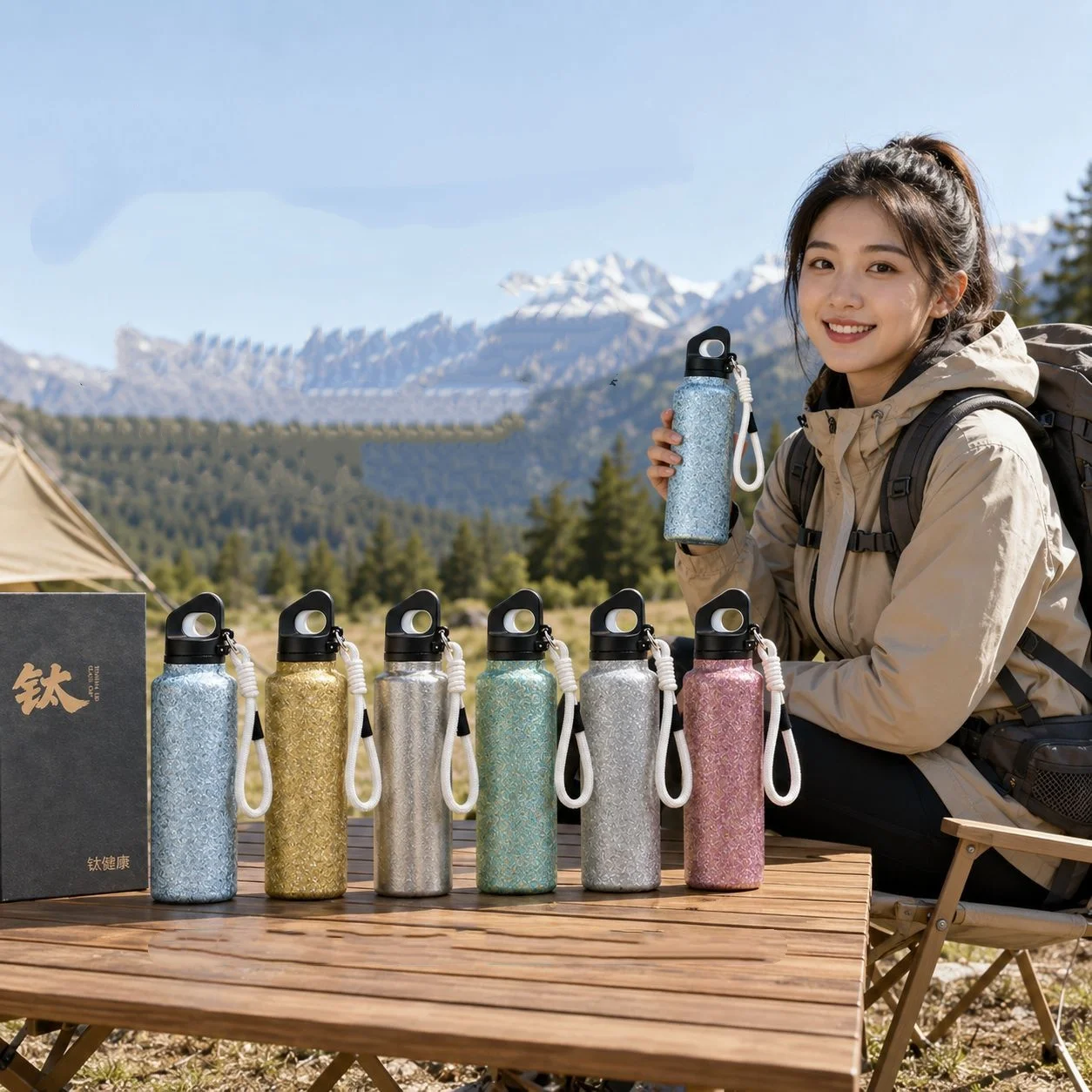 Titanium  Insulated Water Bottle With Rpoe Double Wall Vacuum Flask Lightweight for Gym And Travel 580ML Tumbler