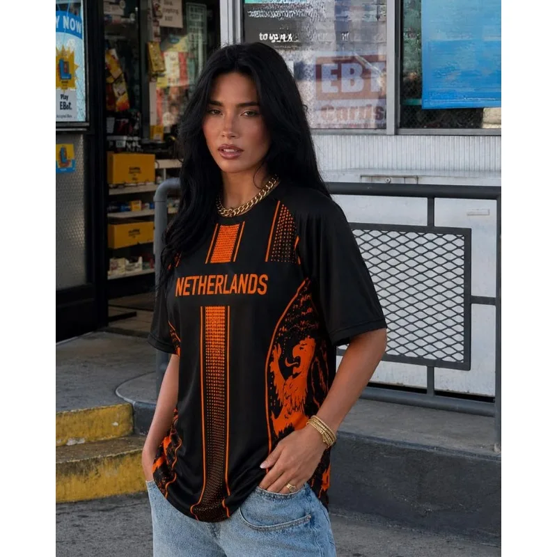 Netherlands Orange Vertical Stripe Soccer Jersey No.10 Flag Print Tri-Color Cuff Sport Top for Multi-Scene Women Summer Fashion view 2