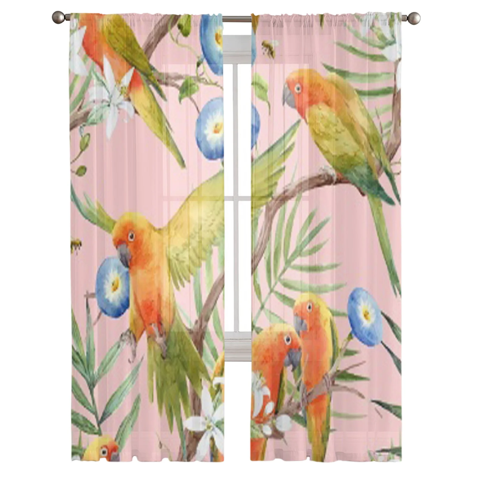 Hawaii Parrot Tropical Leaves And Blooming Tropical Fruits Sheer Tulle Window Curtains Voile Drape for Living Room Bedroom