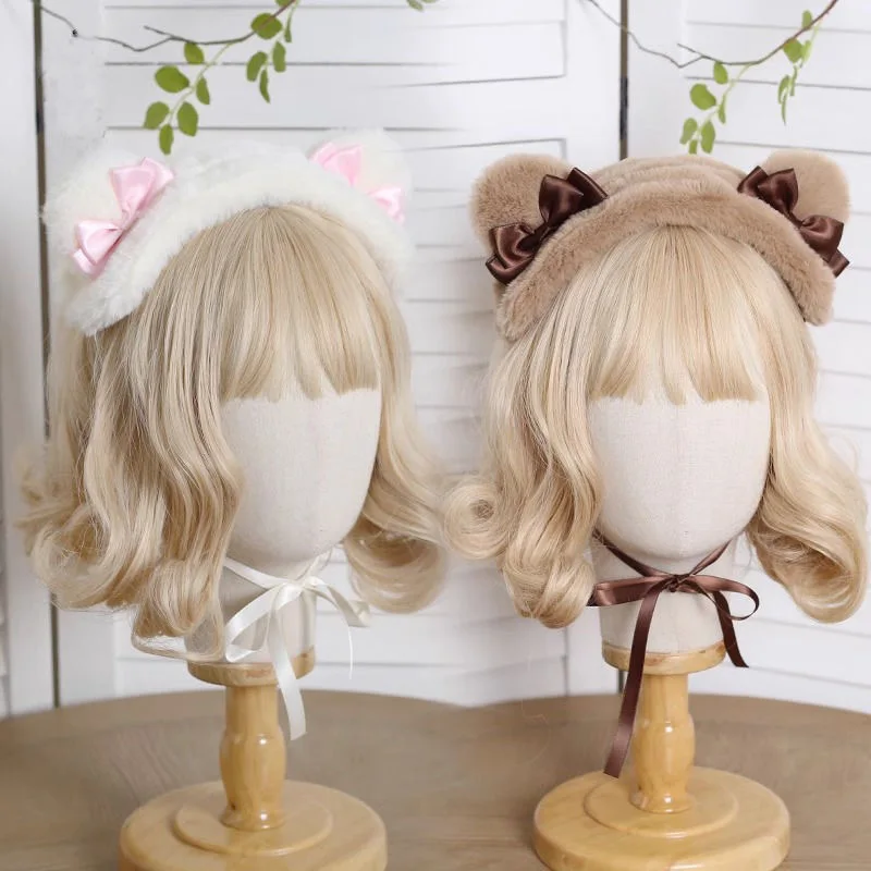 

Original Cat Ear Hair Band Winter Japanese Sweet KC Bear Ear Headdress With Bowknot Lolita Headwear for Women