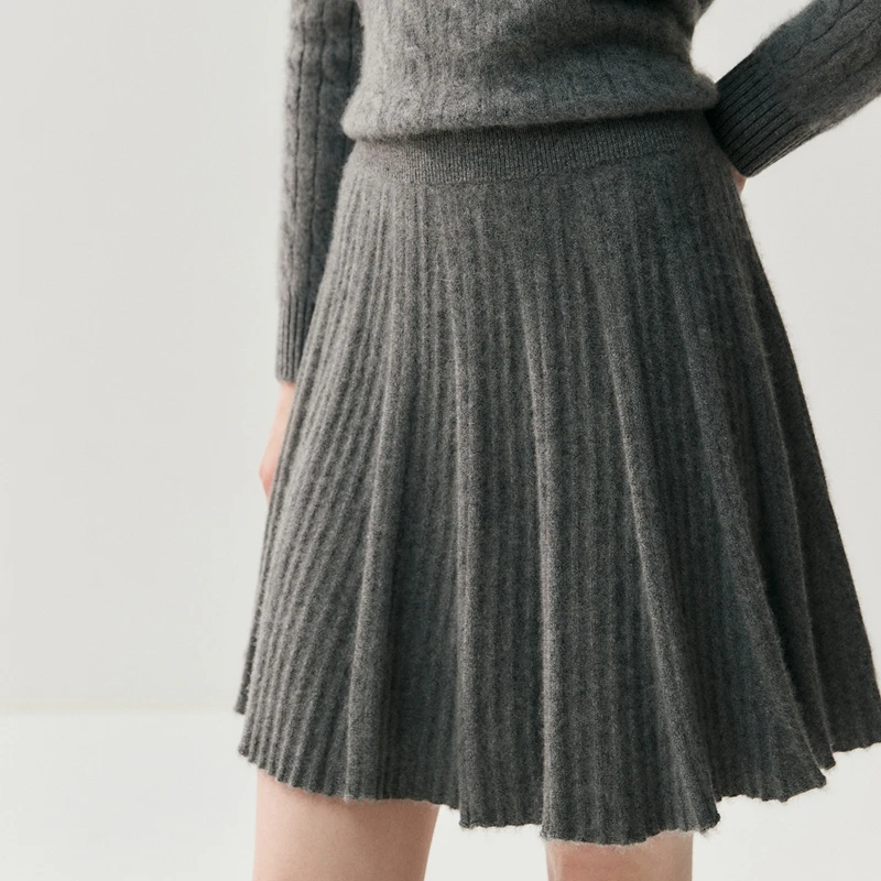 

MEELEX New Arrival Fashion Women 100% Cashmere Skirt Elegant Casual Autumn Winter Knitted High Waist Pleated Skirt