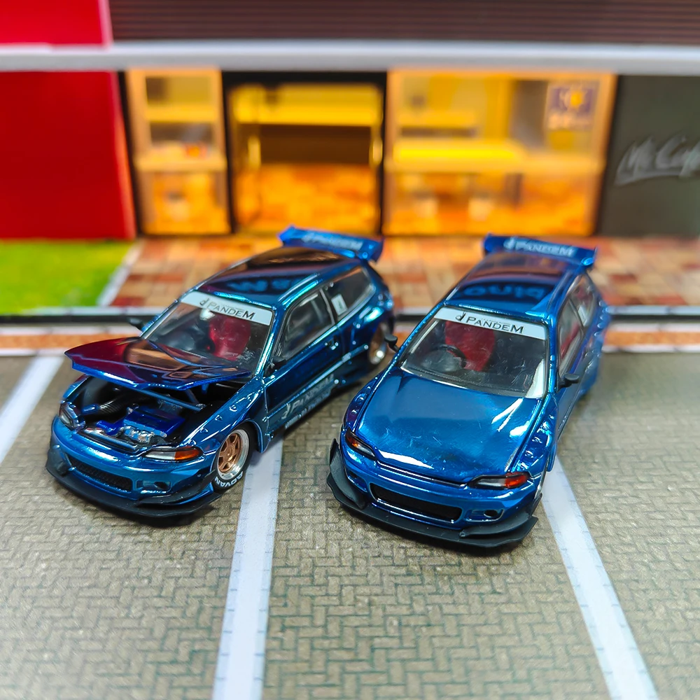 

2 шт. Pop Race x Xcartoys 1:64 PANDEM CIVIC EG6 — литая под давлением модель автомобиля BLUE CHROME (без коробки)